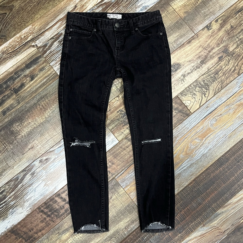 Free People Black Stretch Distressed Skinny Jeans